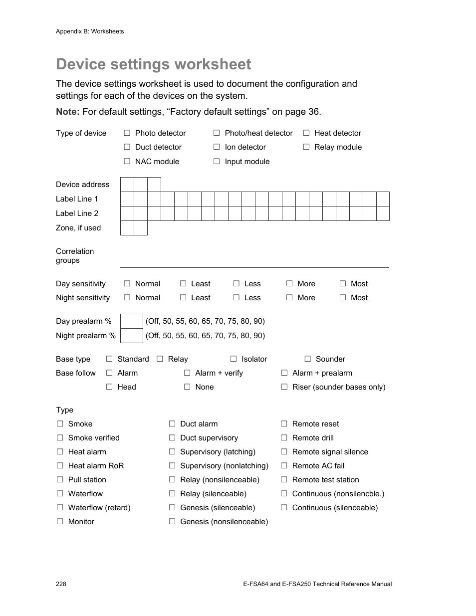 Device settings worksheet | Edwards Signaling eFSA250 User Manual | Page 240 / 288