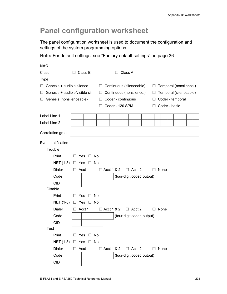 Panel configuration worksheet | Edwards Signaling eFSA250 User Manual | Page 243 / 288
