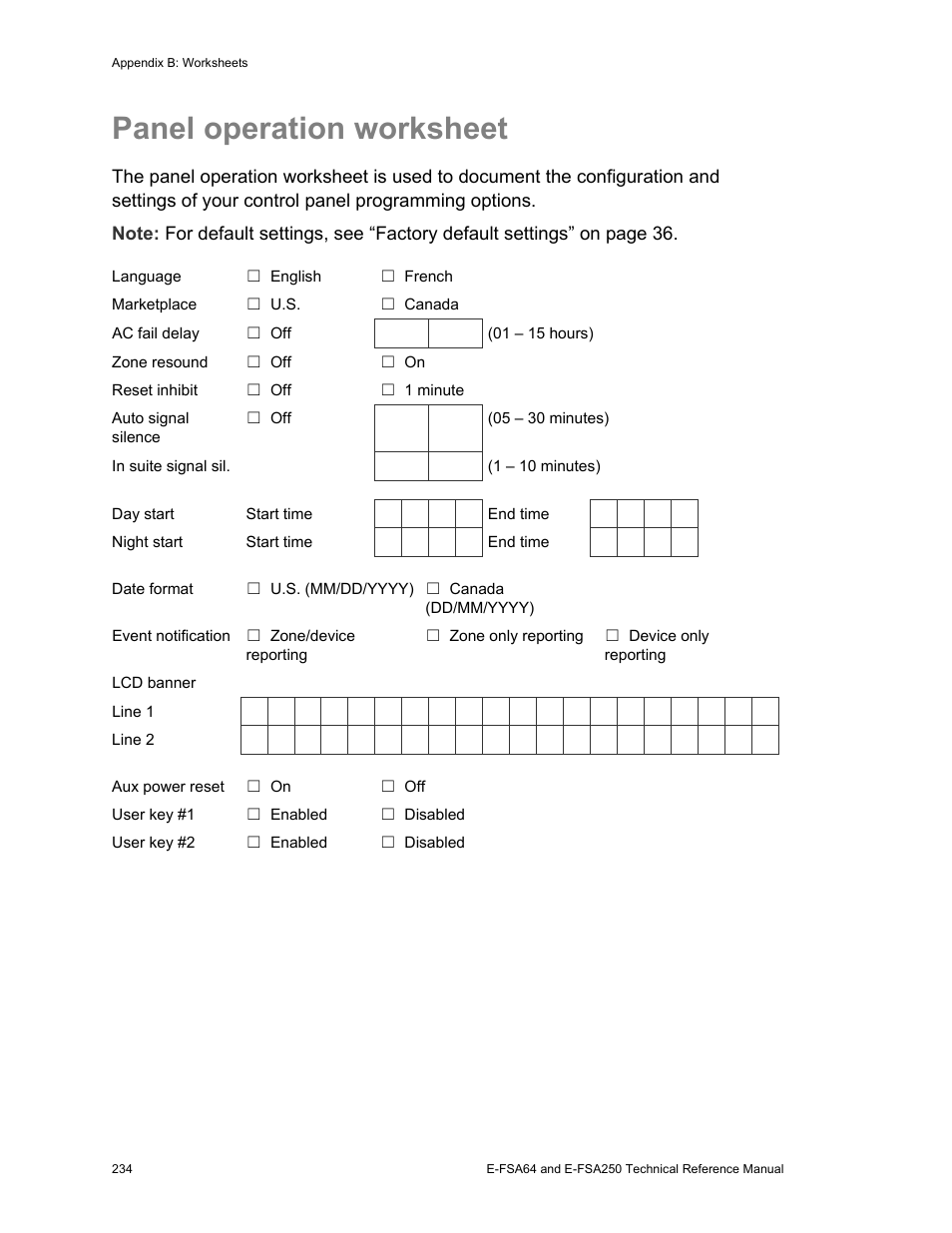 Panel operation worksheet | Edwards Signaling eFSA250 User Manual | Page 246 / 288