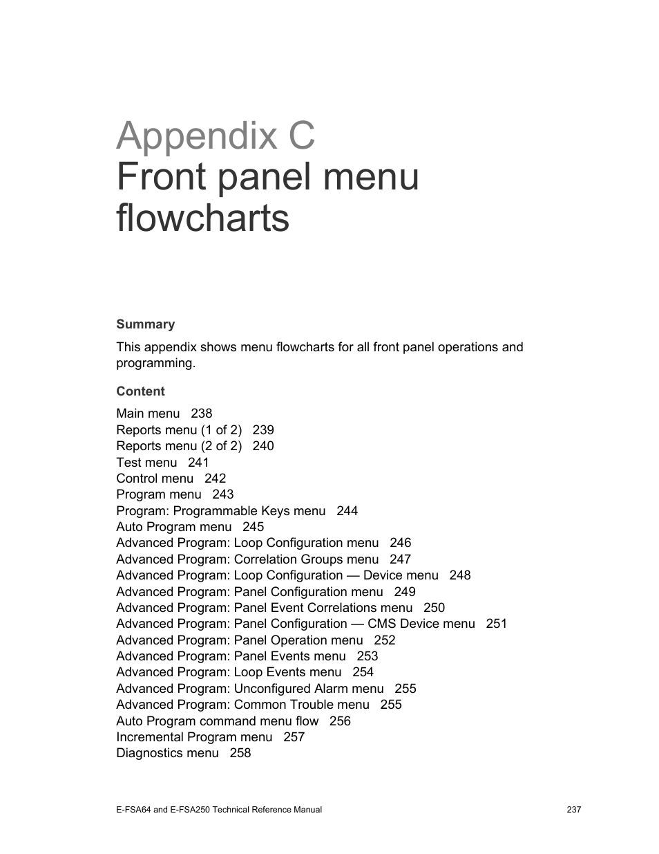 Appendix c front panel menu flowcharts | Edwards Signaling eFSA250 User Manual | Page 249 / 288