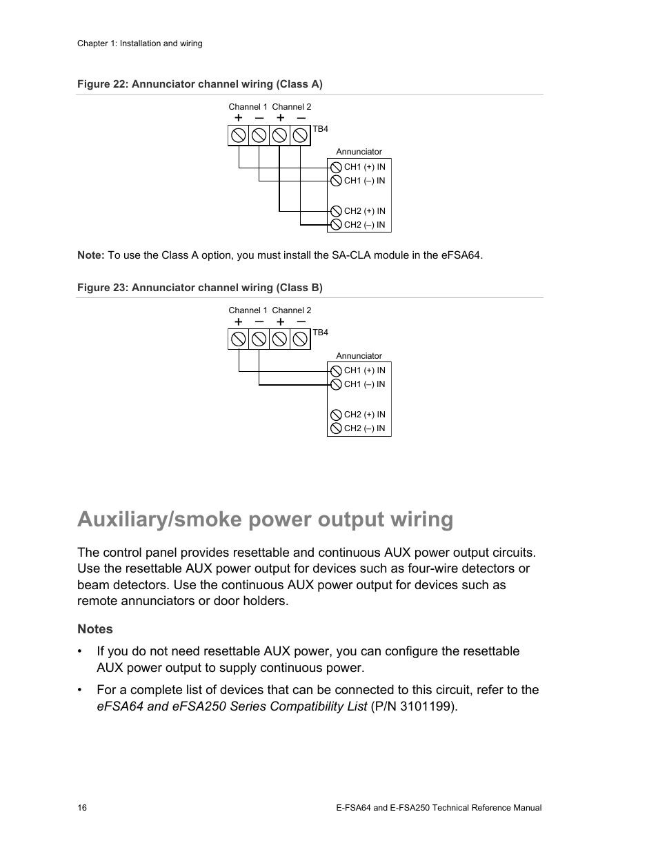 Auxiliary/smoke power output wiring | Edwards Signaling eFSA250 User Manual | Page 28 / 288