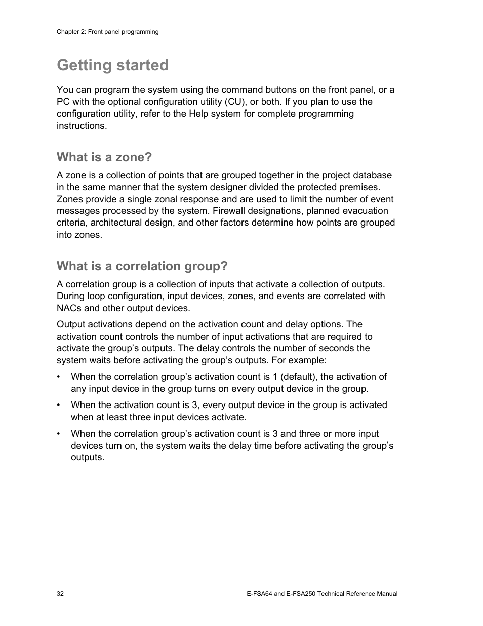 Getting started, What is a zone, What is a correlation group | Edwards Signaling eFSA250 User Manual | Page 44 / 288