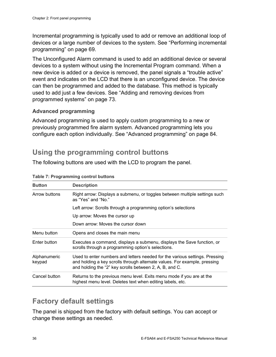 Using the programming control buttons, Factory default settings | Edwards Signaling eFSA250 User Manual | Page 48 / 288