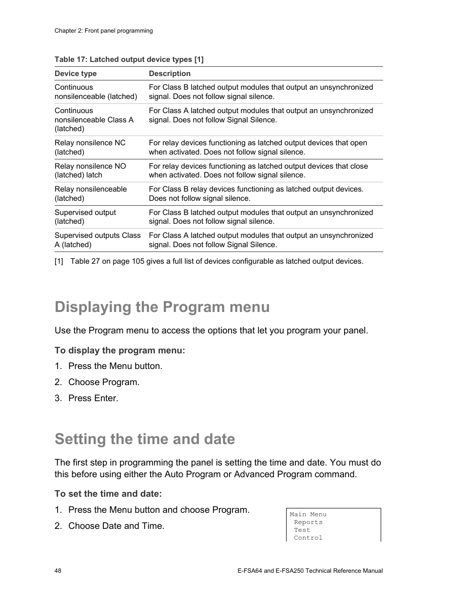 Displaying the program menu, Setting the time and date | Edwards Signaling eFSA250 User Manual | Page 60 / 288