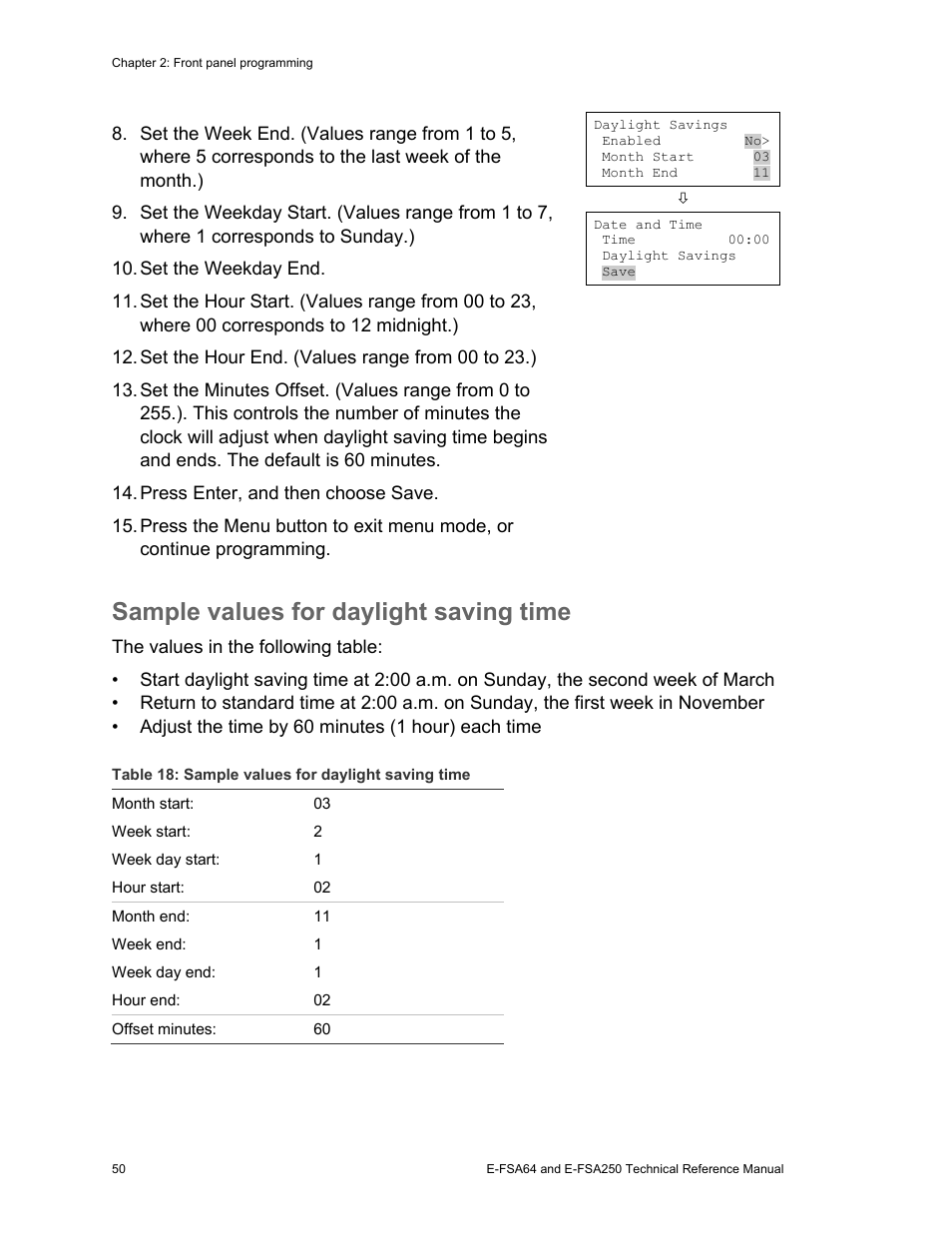 Sample values for daylight saving time | Edwards Signaling eFSA250 User Manual | Page 62 / 288
