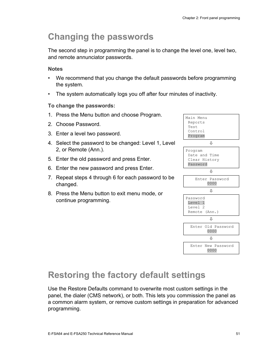 Changing the passwords, Restoring the factory default settings | Edwards Signaling eFSA250 User Manual | Page 63 / 288