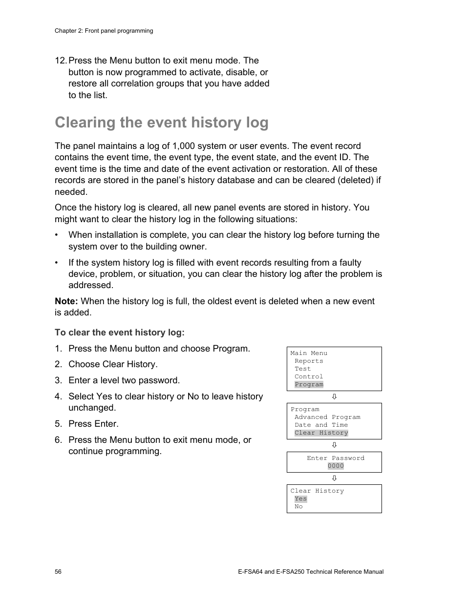 Clearing the event history log | Edwards Signaling eFSA250 User Manual | Page 68 / 288