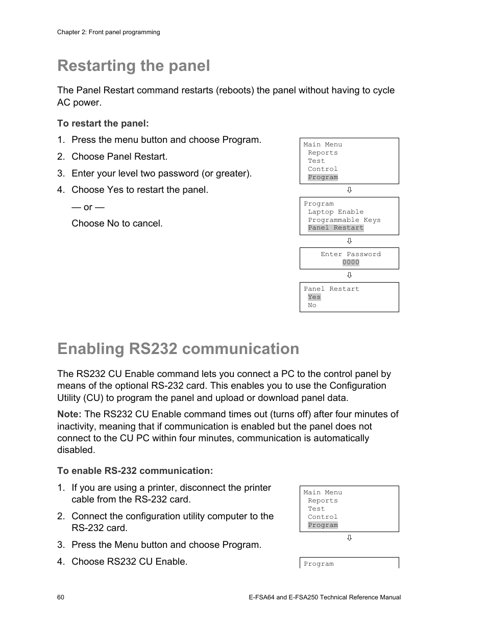Restarting the panel, Enabling rs232 communication | Edwards Signaling eFSA250 User Manual | Page 72 / 288