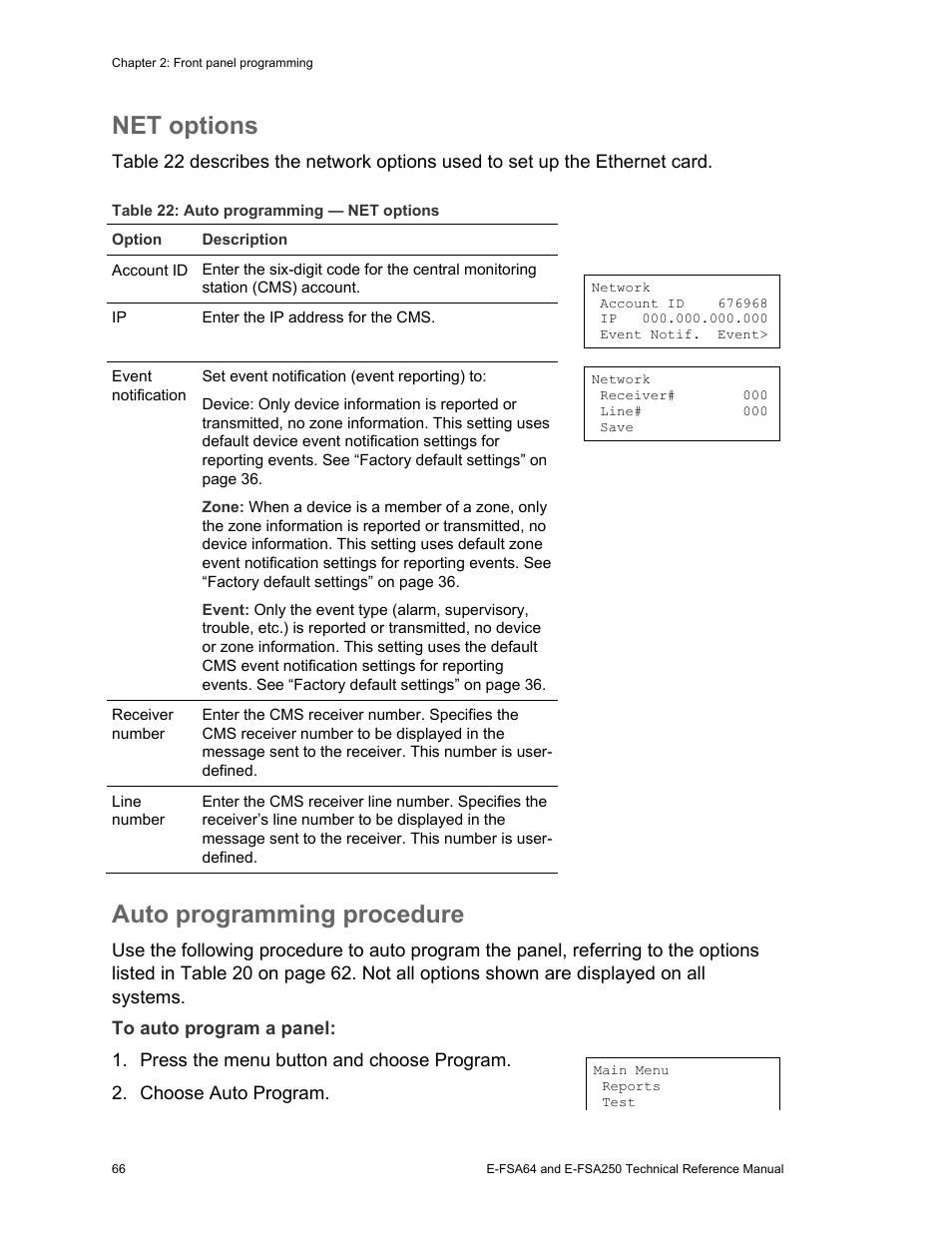 Net options, Auto programming procedure | Edwards Signaling eFSA250 User Manual | Page 78 / 288