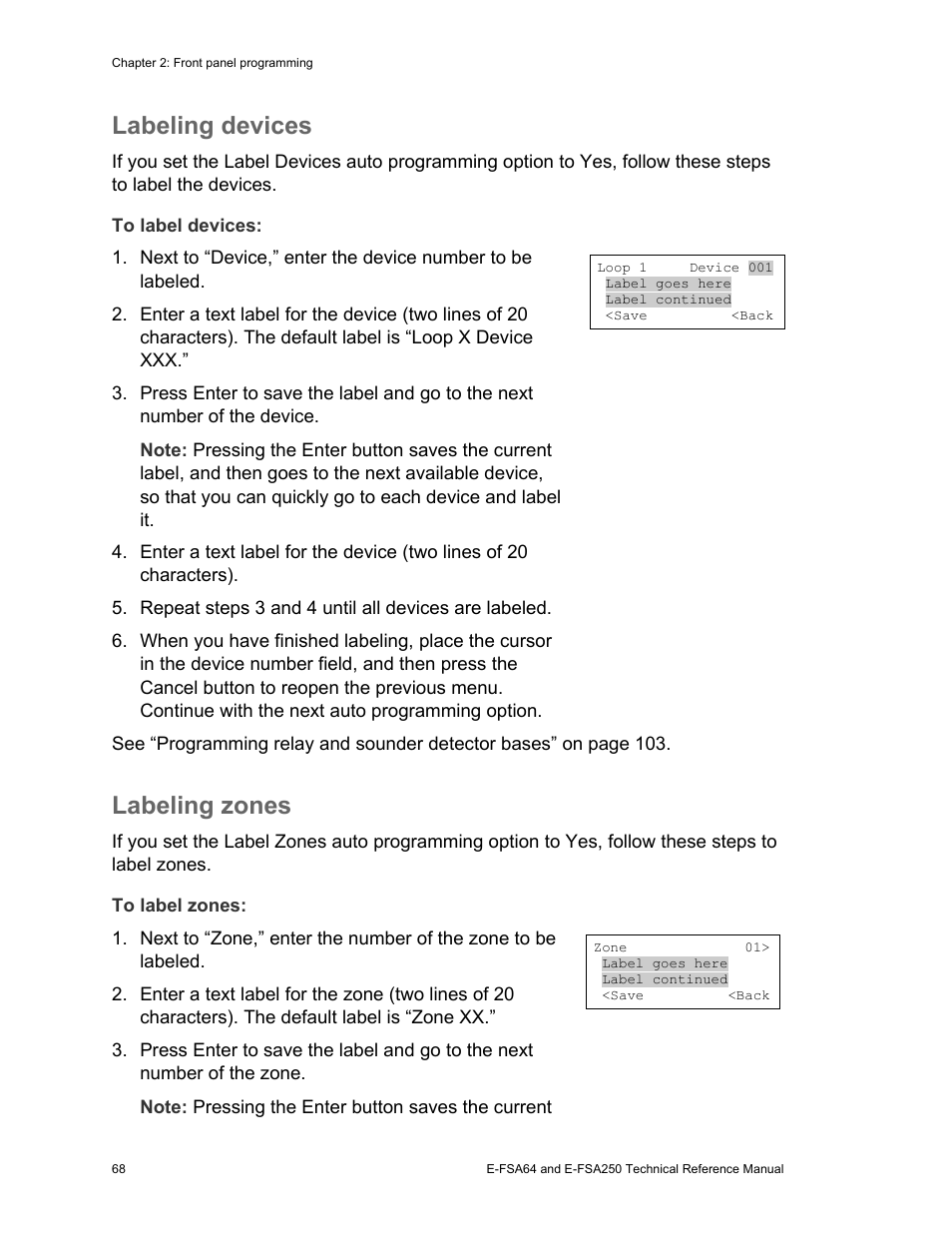 Labeling devices, Labeling zones | Edwards Signaling eFSA250 User Manual | Page 80 / 288