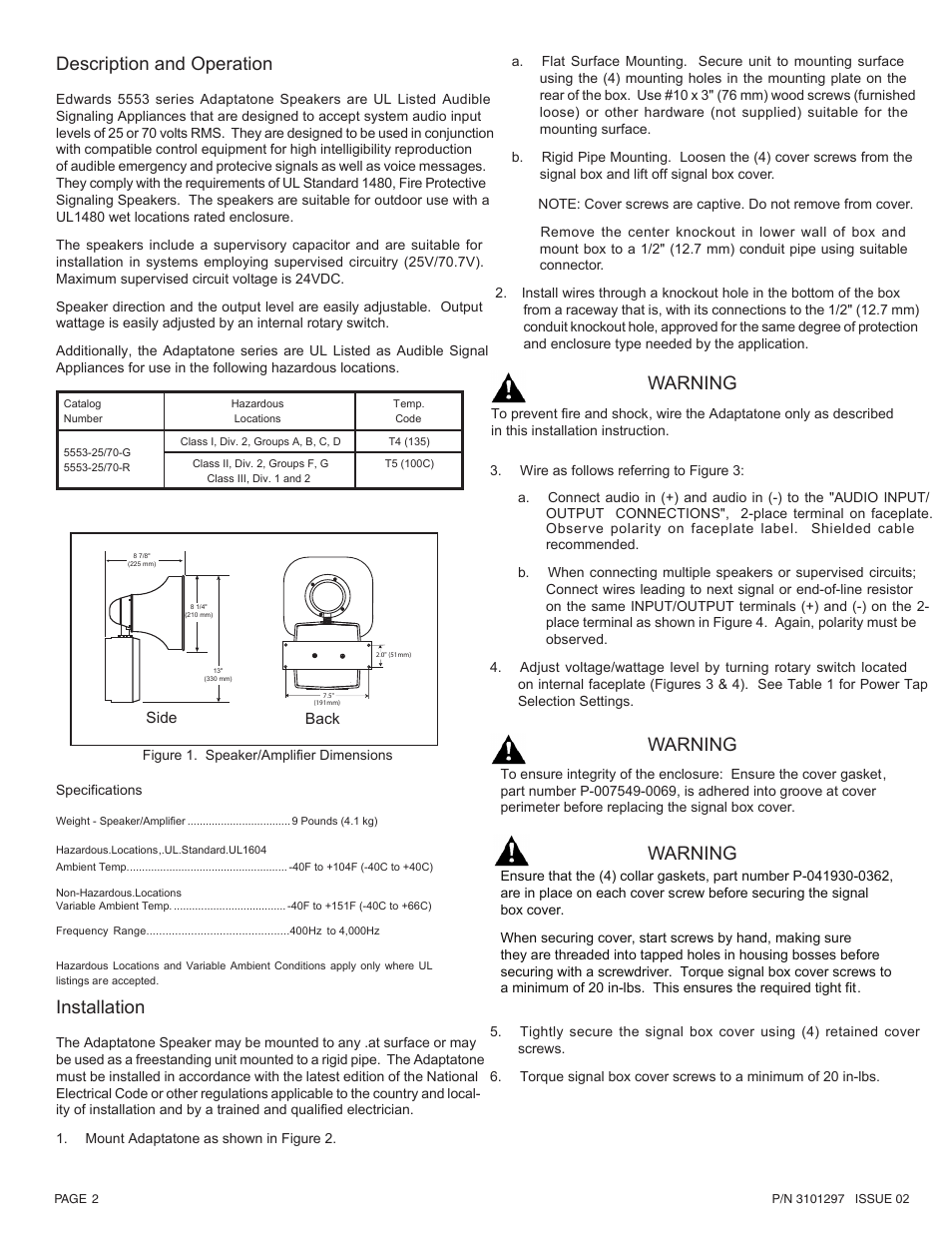 Description and operation, Warning, Warning installation | Edwards Signaling 5553 Series User Manual | Page 3 / 5