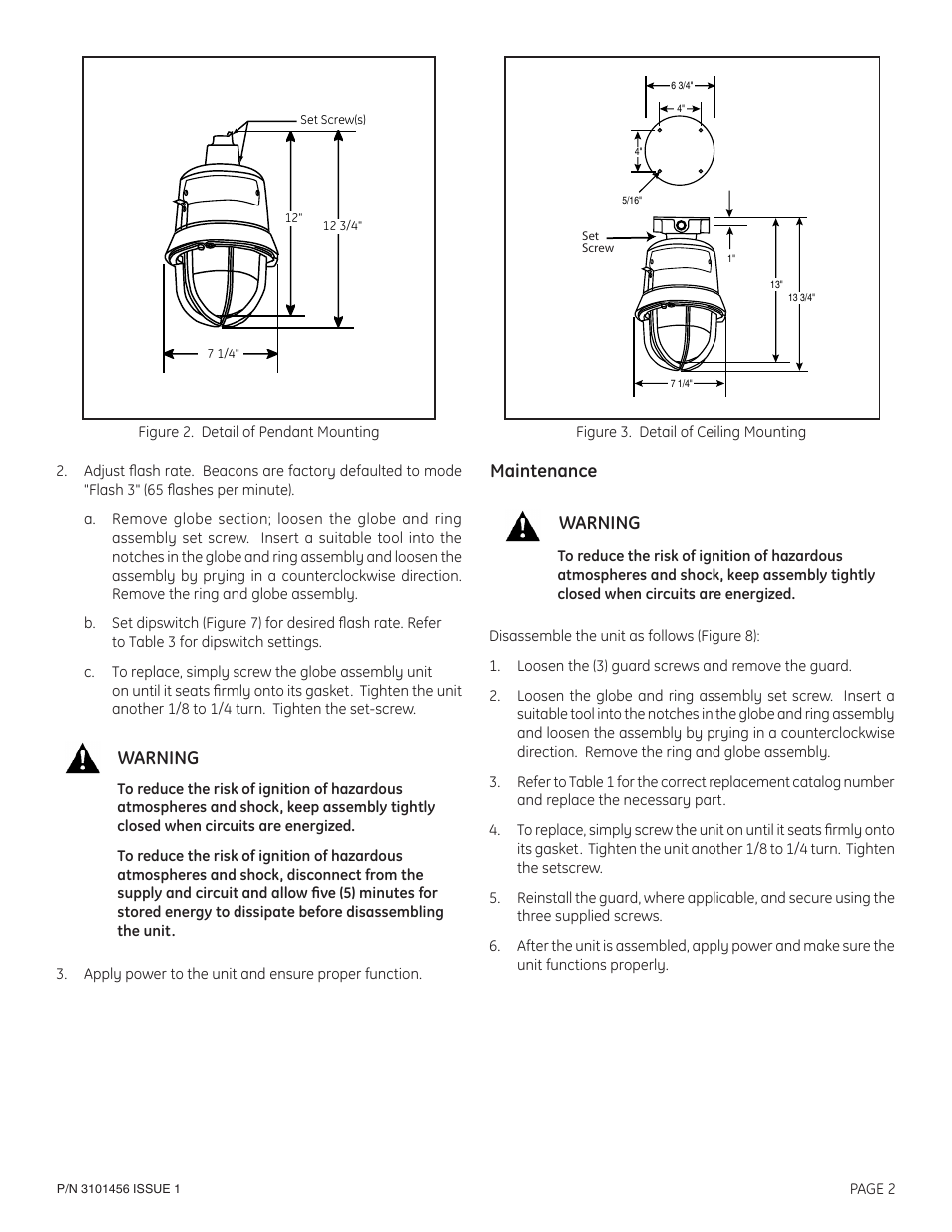 Warning, Maintenance | Edwards Signaling 116EXMLED Series User Manual | Page 2 / 5