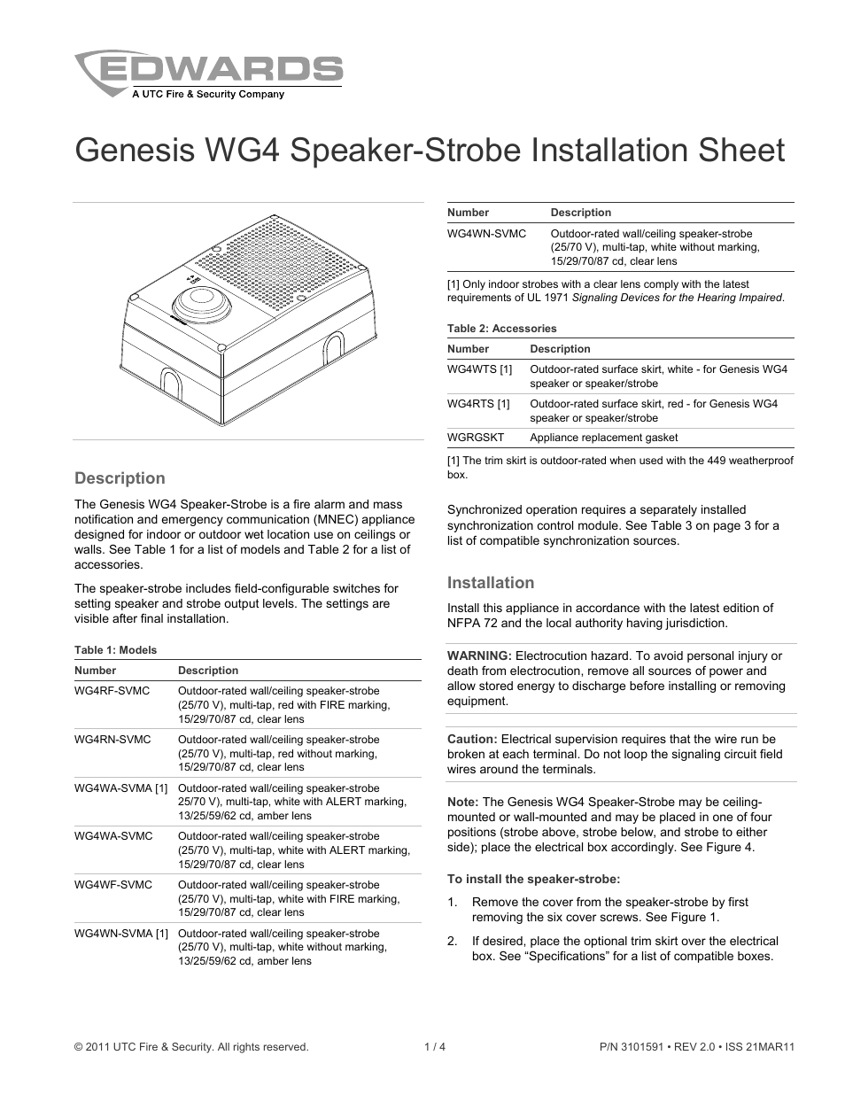 Edwards Signaling Genesis WG4 Speaker-Strobe User Manual | 4 pages