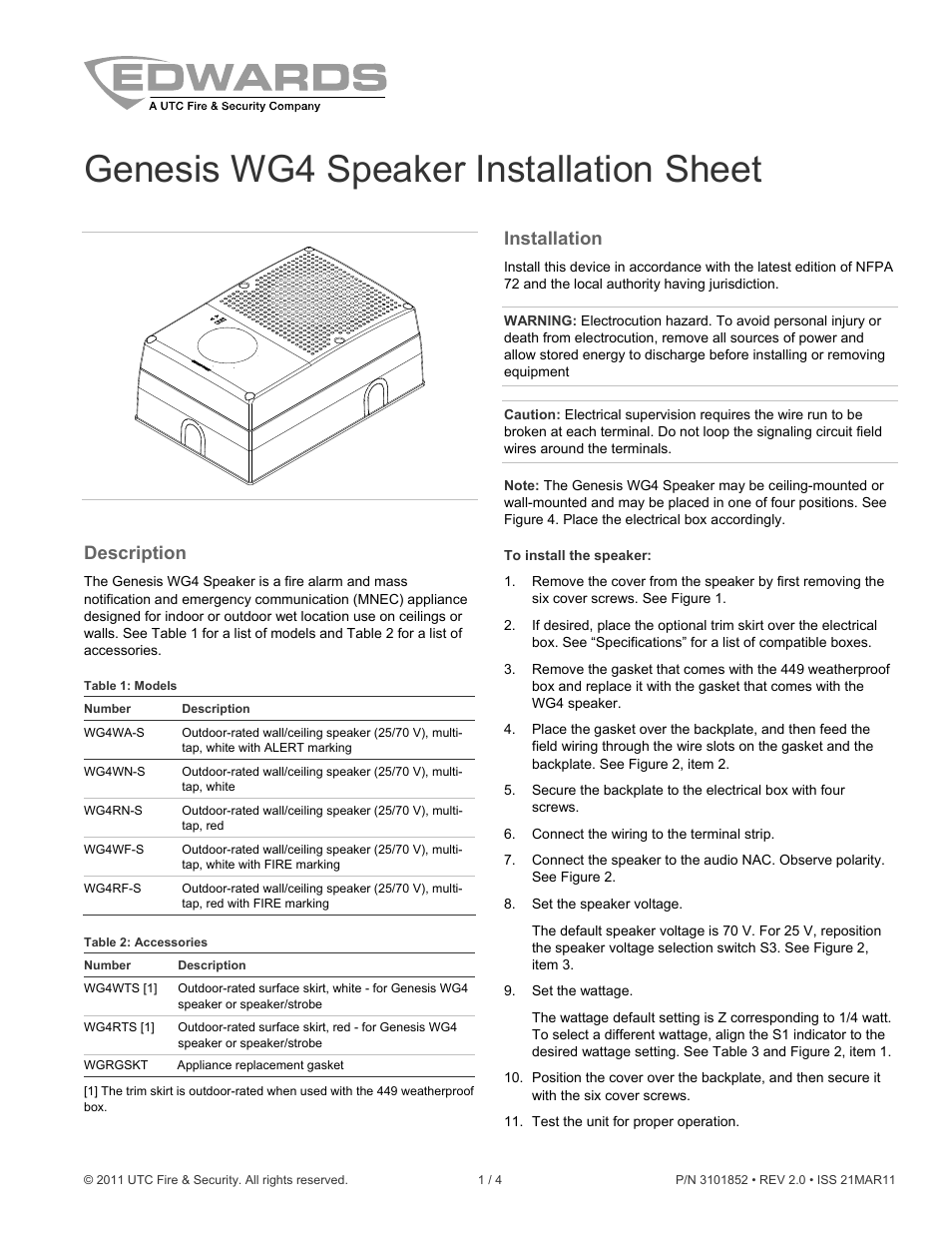 Edwards Signaling Genesis WG4 Speaker User Manual | 4 pages