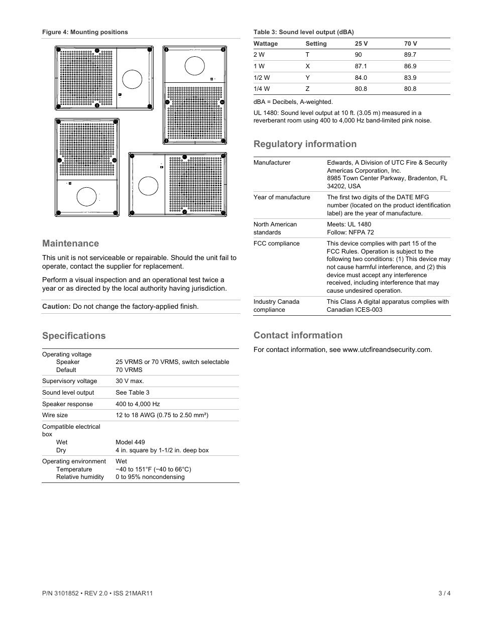 Maintenance, Specifications, Regulatory information | Contact information | Edwards Signaling Genesis WG4 Speaker User Manual | Page 3 / 4