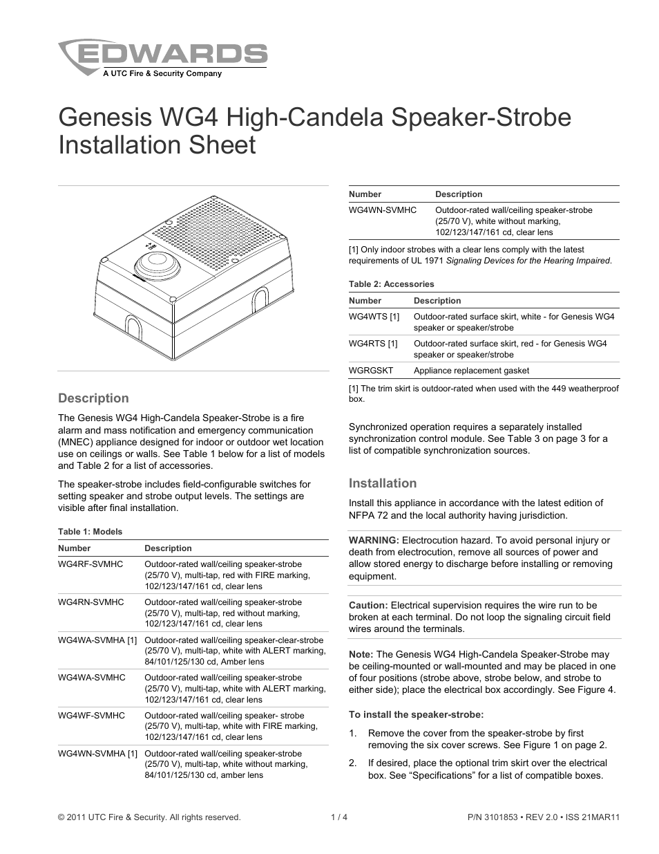 Edwards Signaling Genesis WG4 High-Candela Speaker-Strobe User Manual | 4 pages