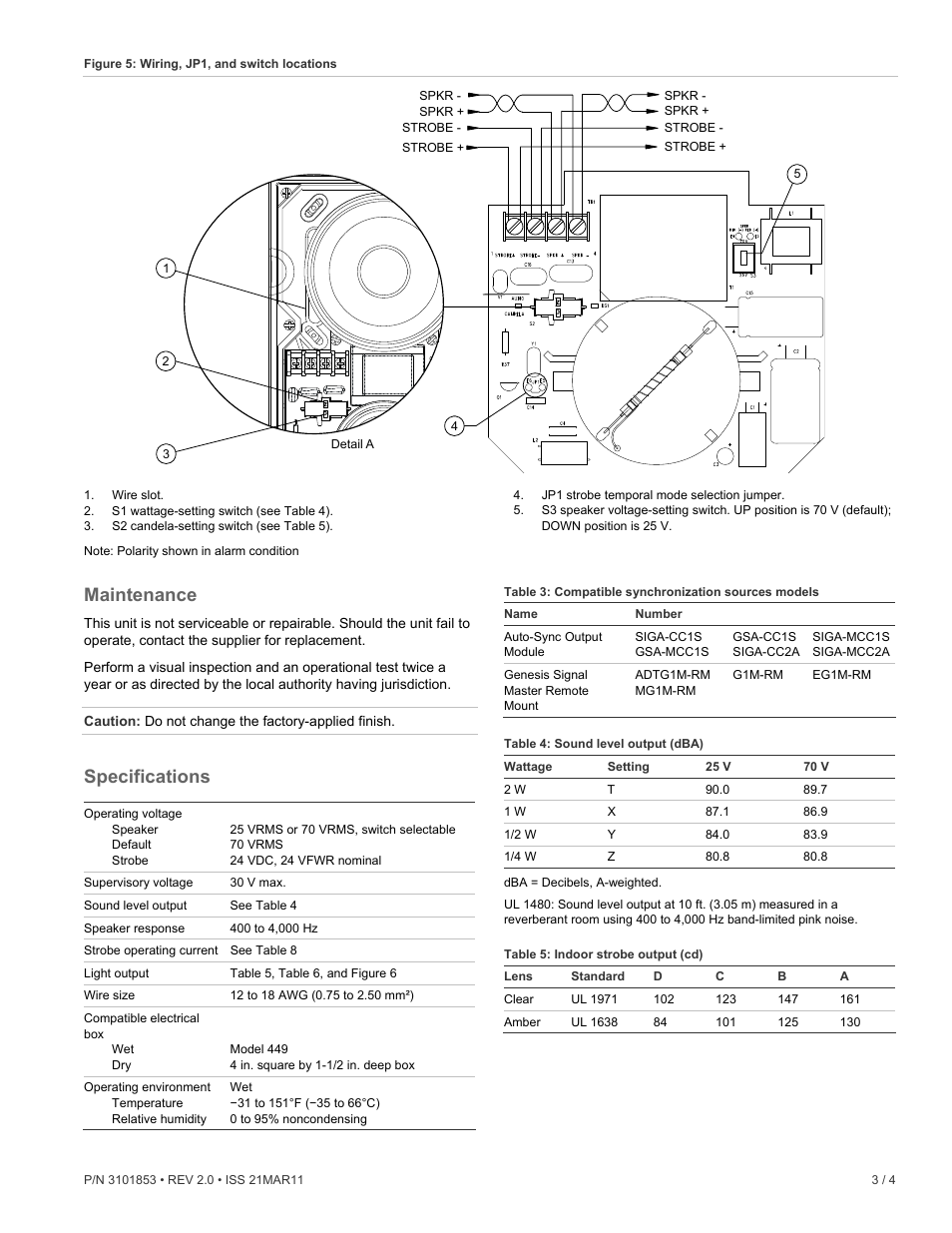 Maintenance, Specifications | Edwards Signaling Genesis WG4 High-Candela Speaker-Strobe User Manual | Page 3 / 4