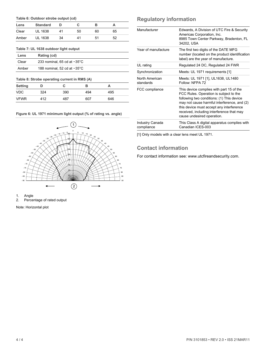 Regulatory information, Contact information | Edwards Signaling Genesis WG4 High-Candela Speaker-Strobe User Manual | Page 4 / 4