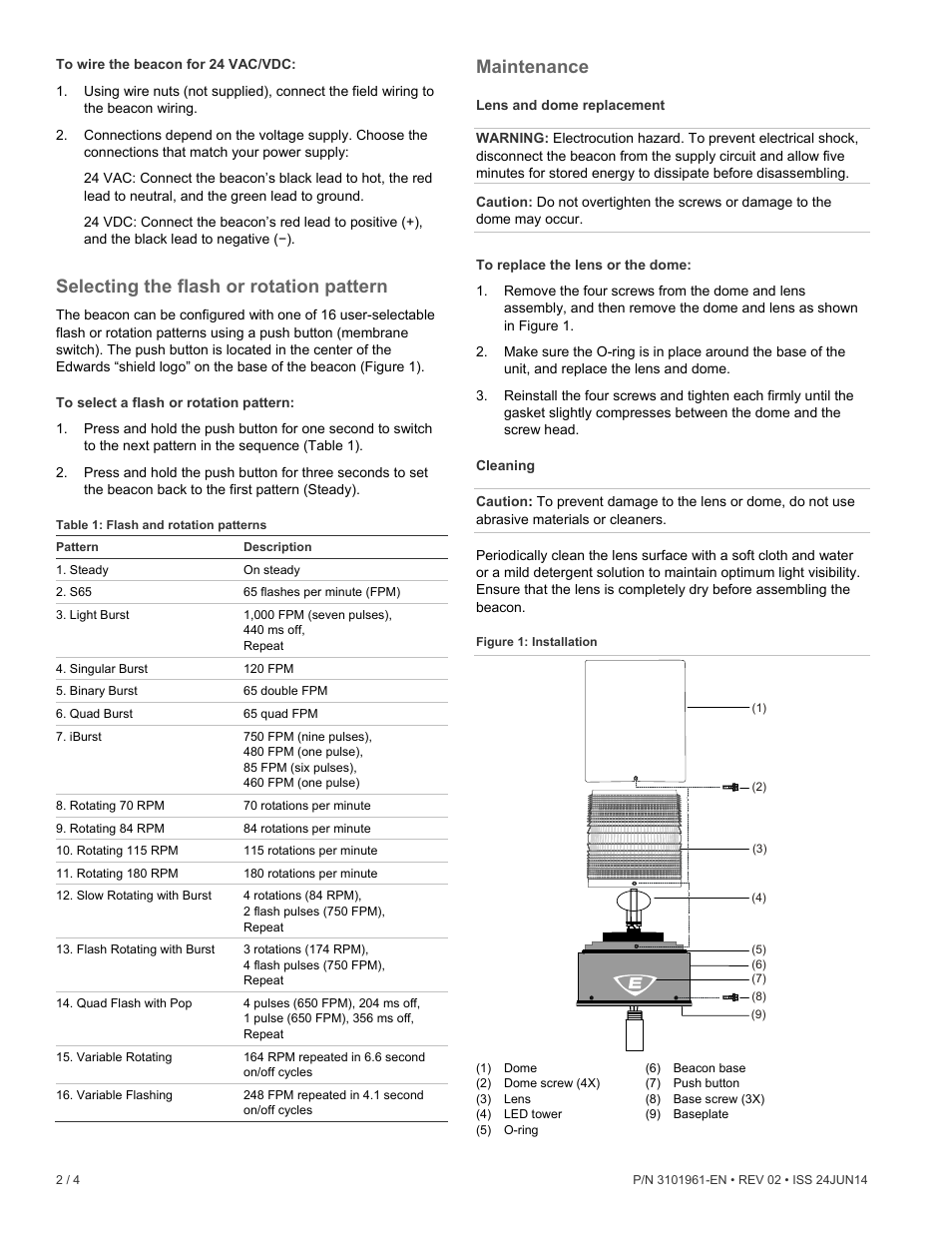 Selecting the flash or rotation pattern, Maintenance | Edwards Signaling 57PLEDM Series User Manual | Page 2 / 4