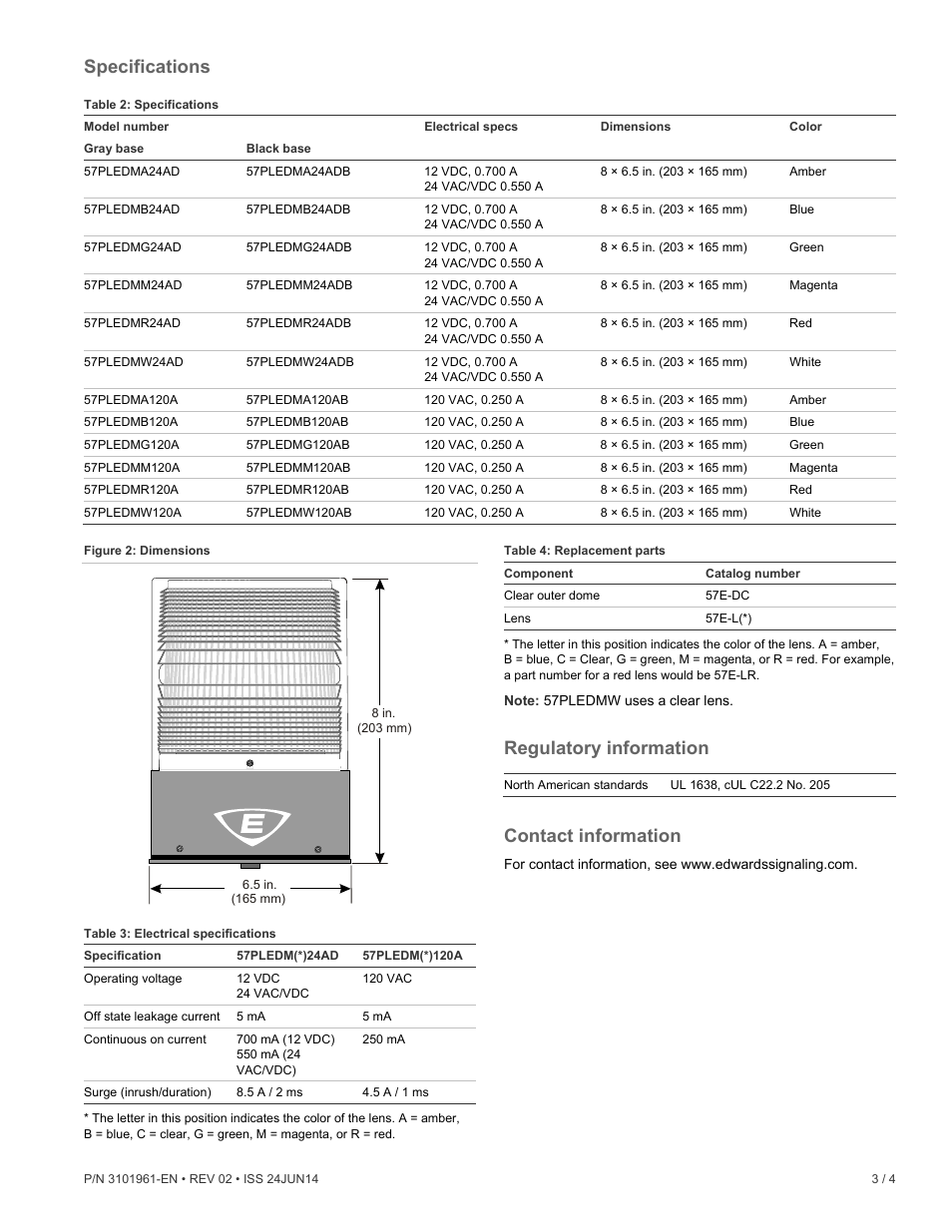 Specifications, Regulatory information, Contact information | Edwards Signaling 57PLEDM Series User Manual | Page 3 / 4