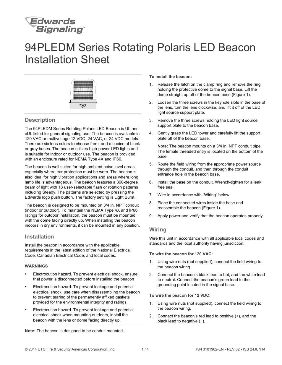 Edwards Signaling 94PLEDM Series User Manual | 4 pages