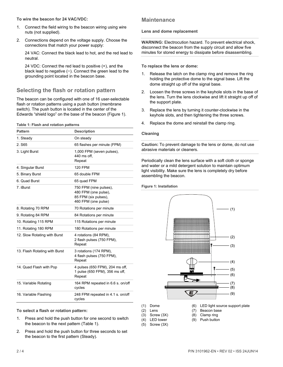 Selecting the flash or rotation pattern, Maintenance | Edwards Signaling 94PLEDM Series User Manual | Page 2 / 4