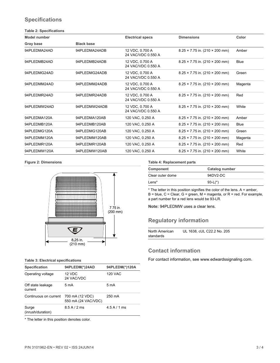 Specifications, Regulatory information, Contact information | Edwards Signaling 94PLEDM Series User Manual | Page 3 / 4