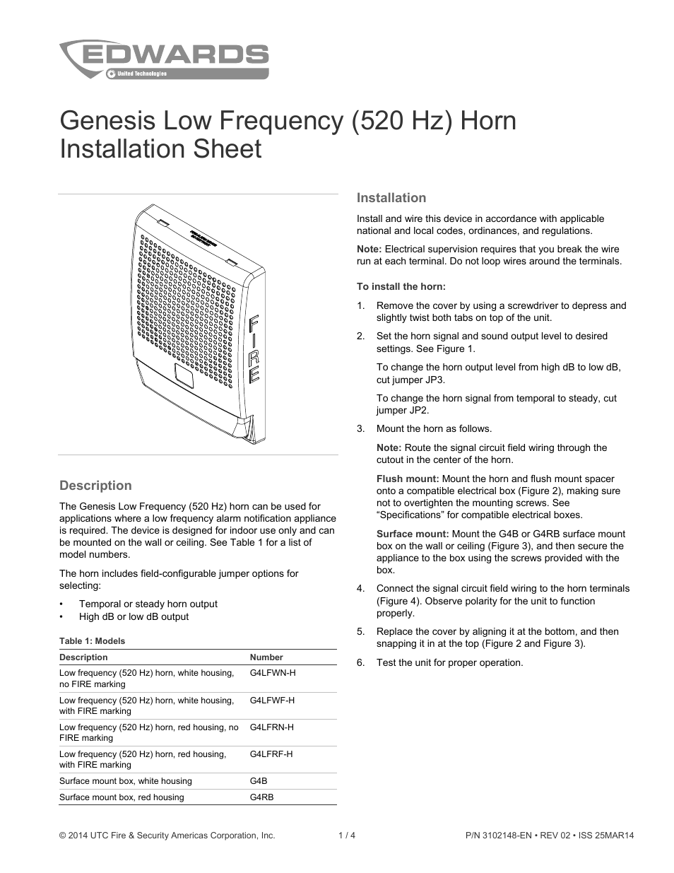 Edwards Signaling Genesis Low Frequency 520 Hz Horn User Manual | 4 pages