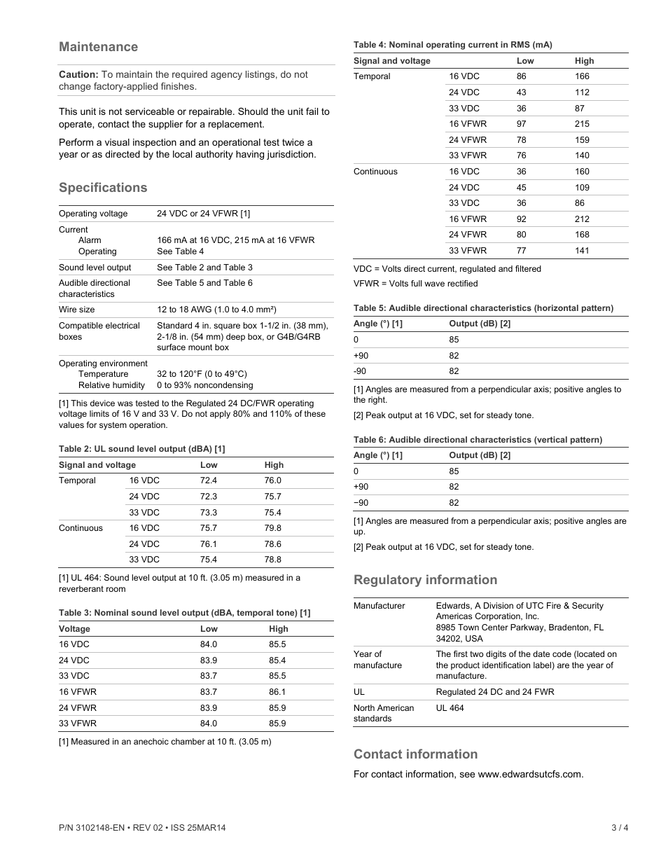 Maintenance, Specifications, Regulatory information | Contact information | Edwards Signaling Genesis Low Frequency 520 Hz Horn User Manual | Page 3 / 4