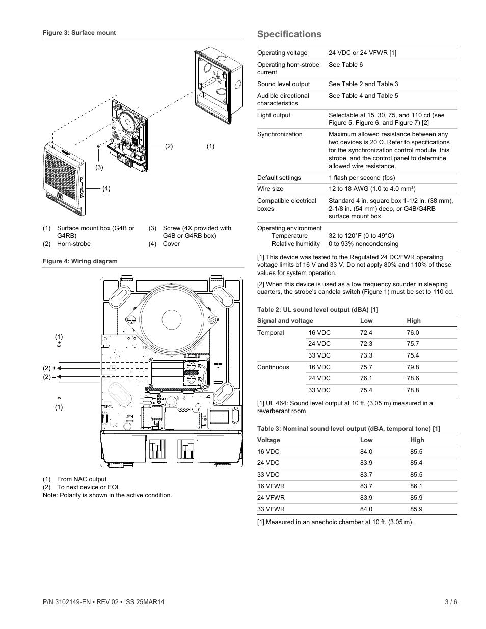 Specifications | Edwards Signaling Genesis Low Frequency 520 Hz Horn-Strobe User Manual | Page 3 / 6