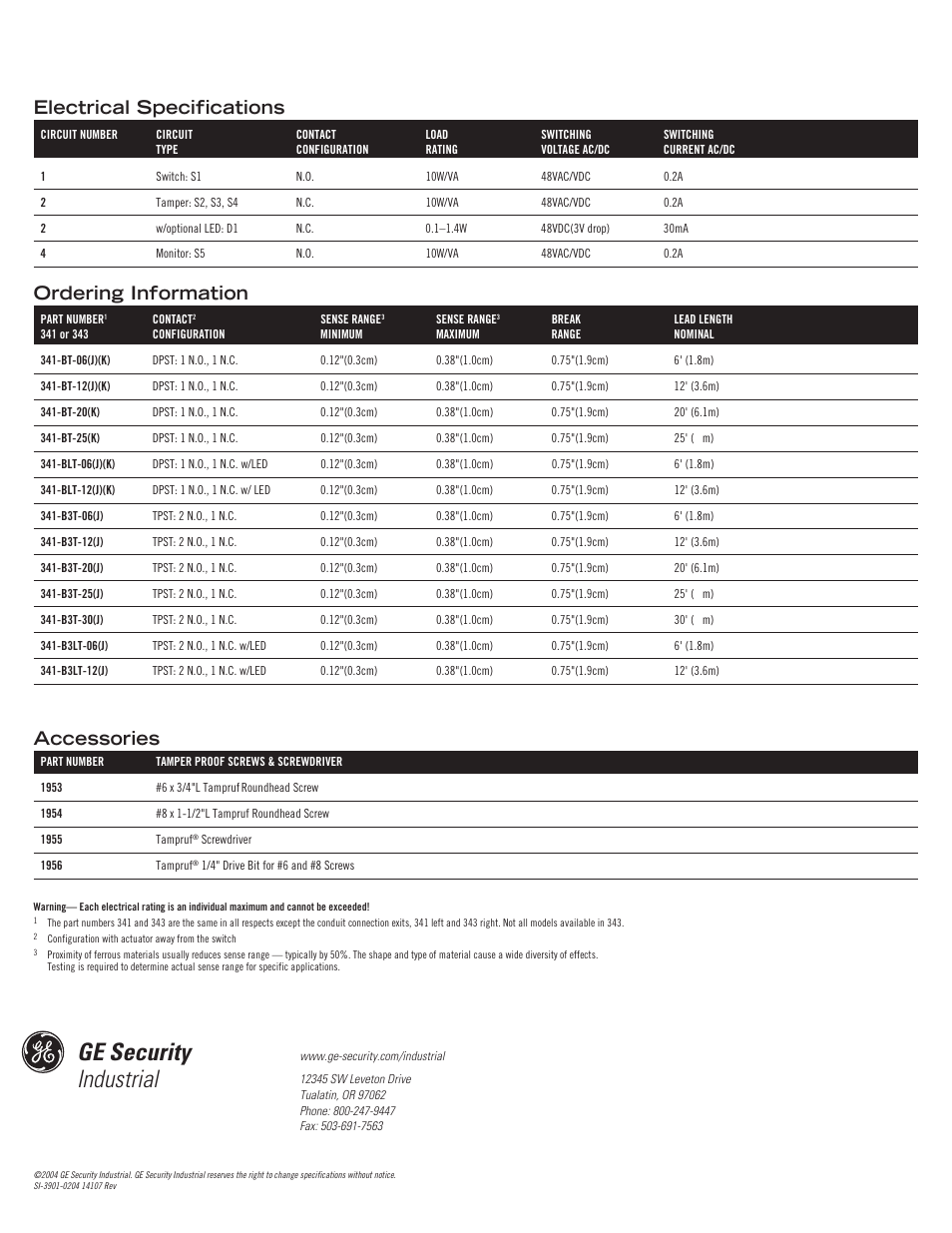 Ge security industrial, Ordering information, Electrical specifications accessories | Edwards Signaling 343-BT User Manual | Page 4 / 4