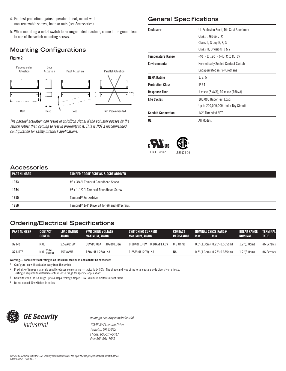 Ge security industrial, Ordering/electrical specifications, General specifications | Mounting configurations, Accessories | Edwards Signaling 371 User Manual | Page 2 / 2
