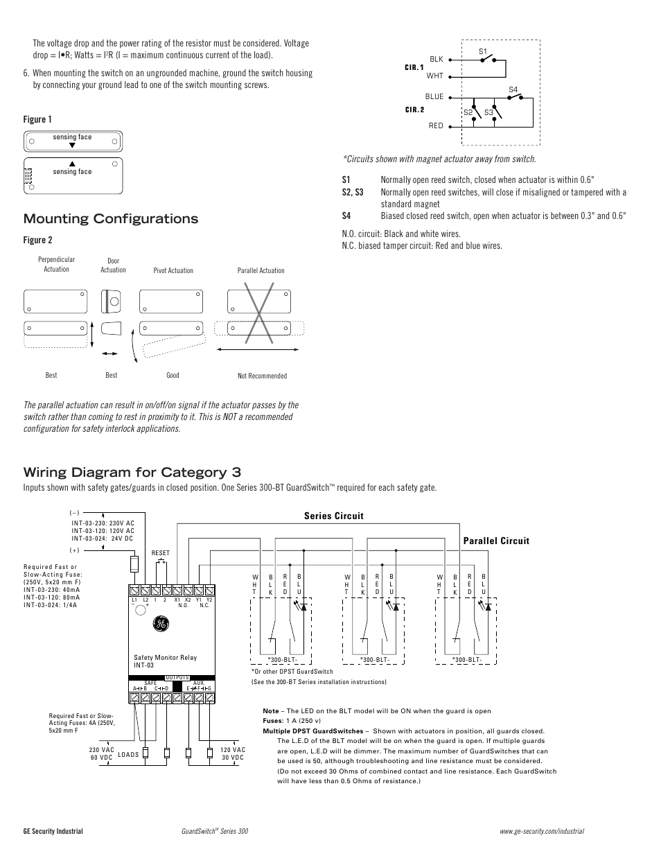 Wiring diagram for category 3, Mounting configurations, Required for each safety gate | Figure 1 figure 2, Series circuit parallel circuit | Edwards Signaling 383-BT User Manual | Page 2 / 4