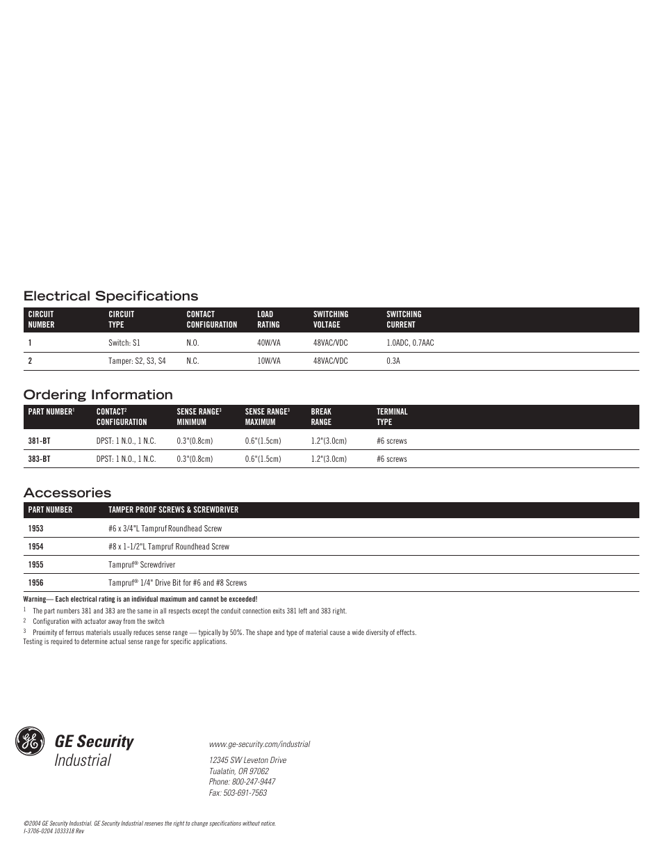 Ge security industrial, Ordering information, Electrical specifications accessories | Edwards Signaling 383-BT User Manual | Page 4 / 4