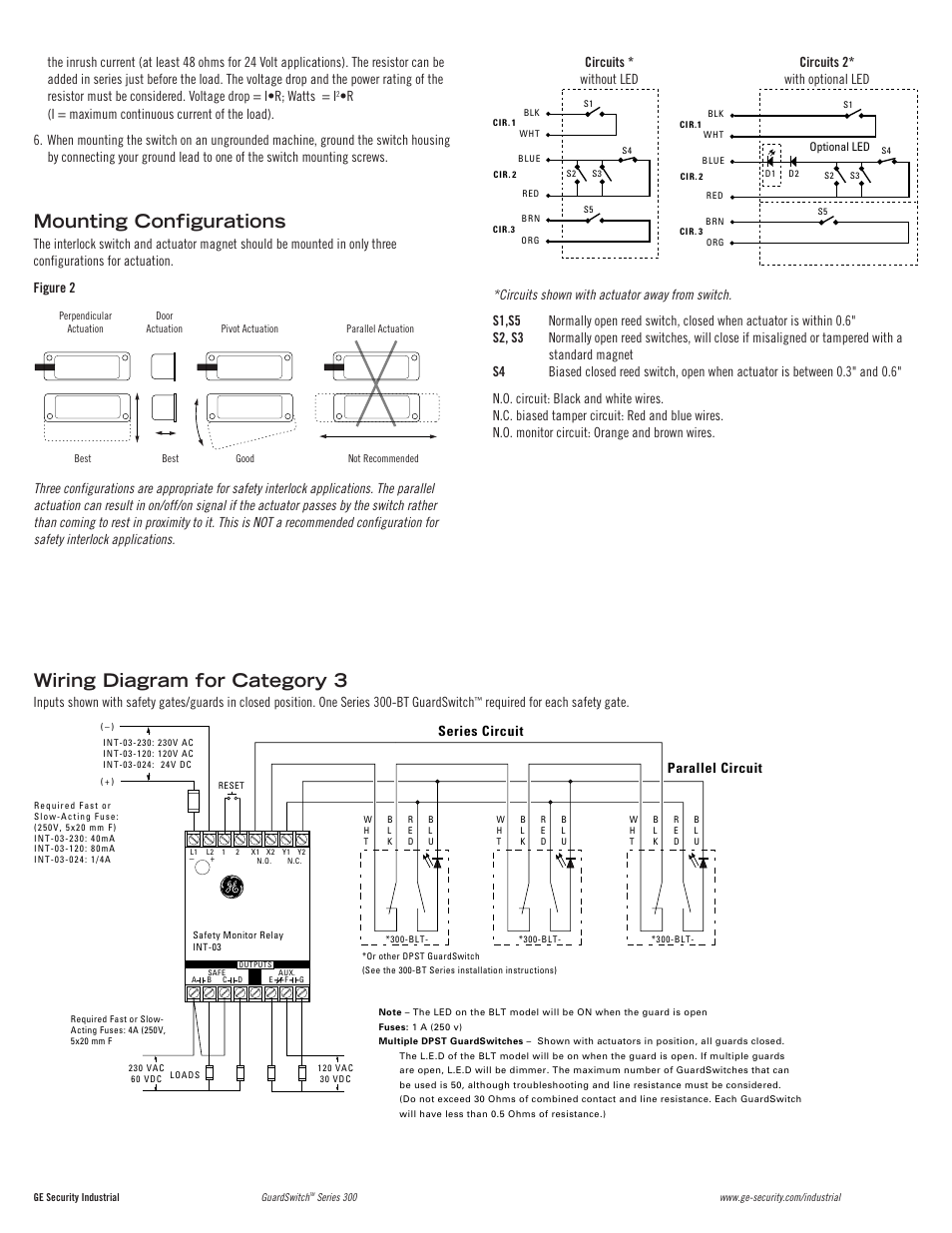 Mounting configurations, Wiring diagram for category 3, Required for each safety gate | Series circuit parallel circuit | Edwards Signaling 393-BT User Manual | Page 2 / 4
