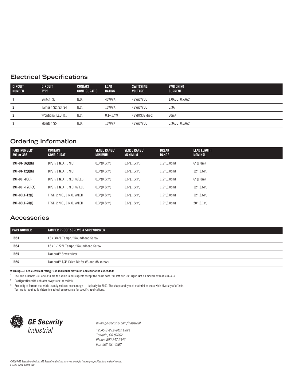 Ge security industrial, Ordering information, Electrical specifications accessories | Edwards Signaling 393-BT User Manual | Page 4 / 4