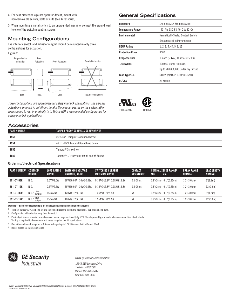 Ge security industrial, General specifications, Mounting configurations | Accessories, Ordering/electrical specifications | Edwards Signaling 393 User Manual | Page 2 / 2