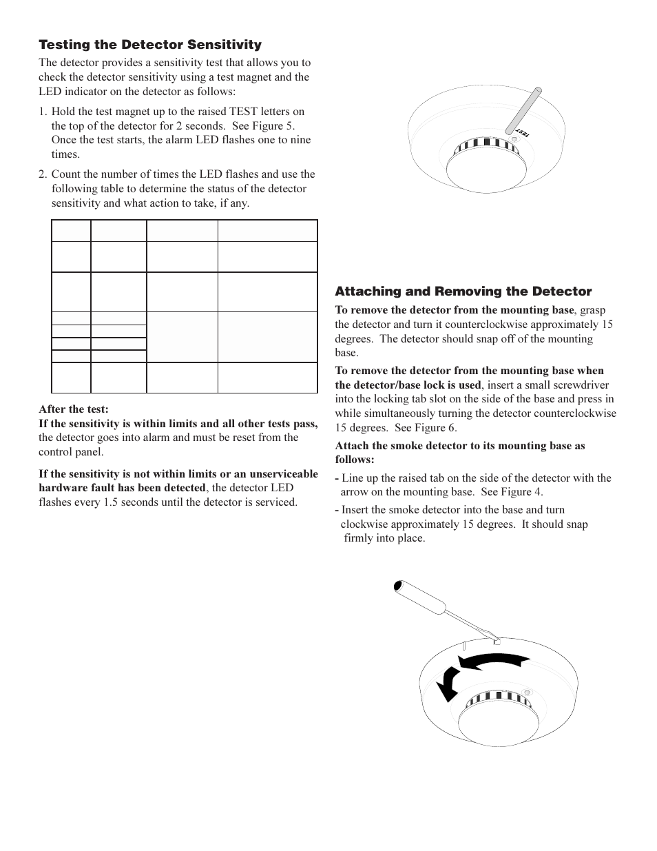 Attaching and removing the detector, Testing the detector sensitivity | Edwards Signaling ESL 511 Series User Manual | Page 3 / 6