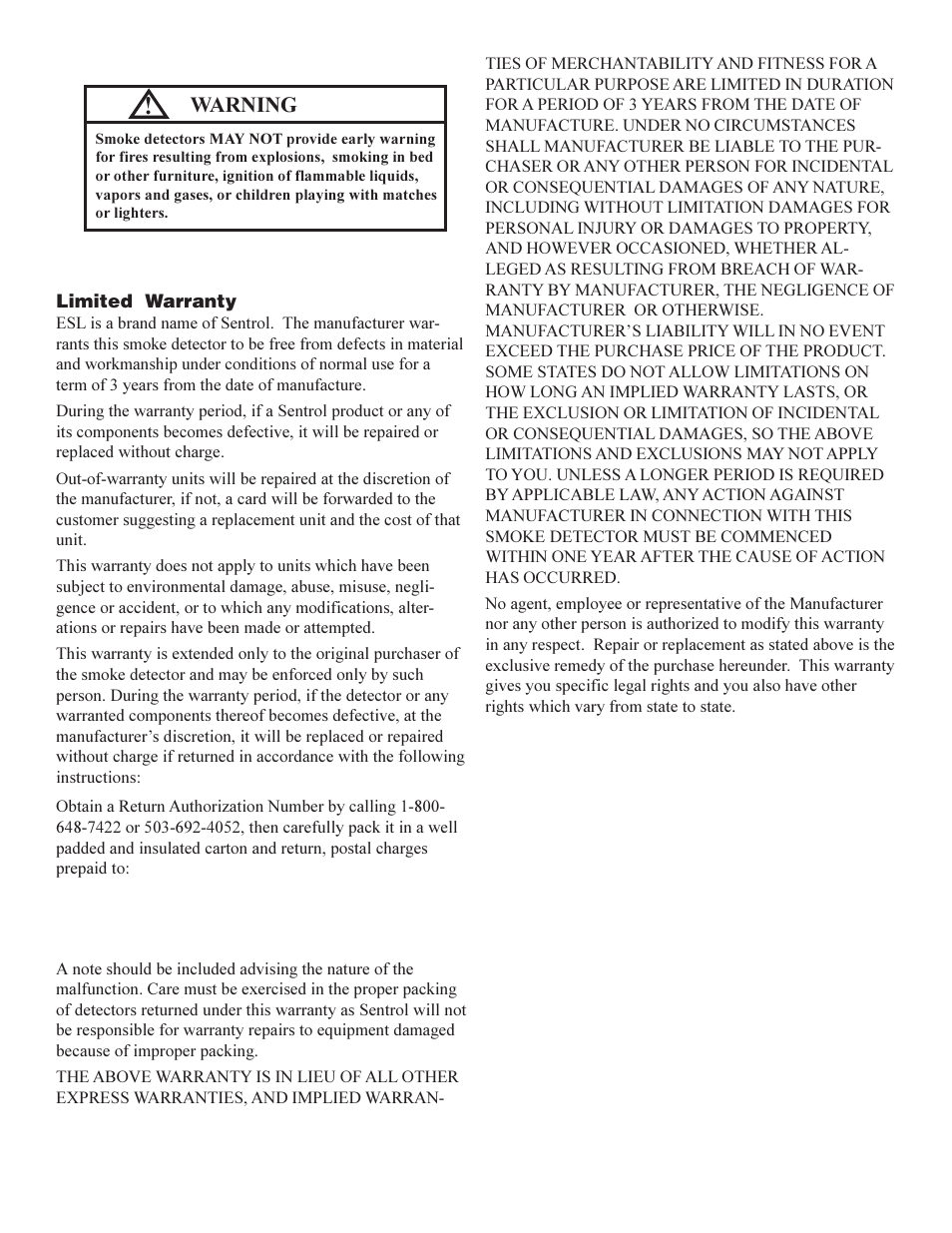 Warning | Edwards Signaling ESL 511 Series User Manual | Page 5 / 6