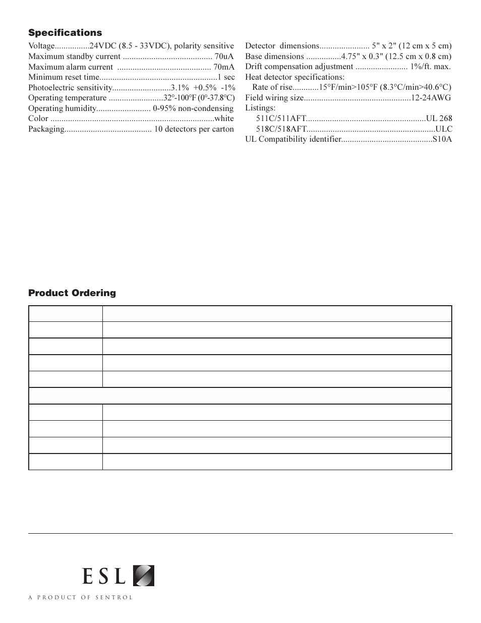 E s l, Specifications, Product ordering | Edwards Signaling ESL 511 Series User Manual | Page 6 / 6