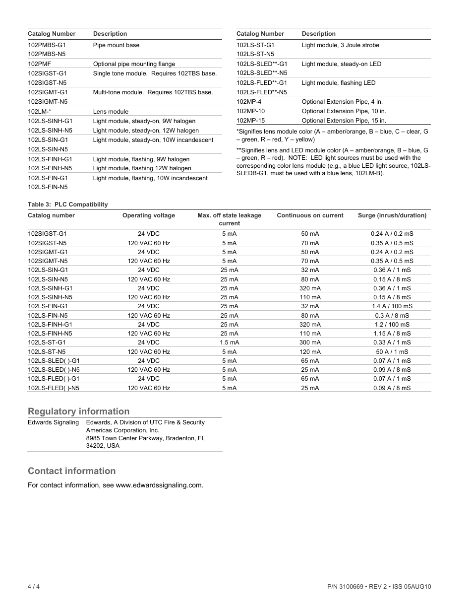 Regulatory information, Contact information | Edwards Signaling 102 Series User Manual | Page 4 / 5