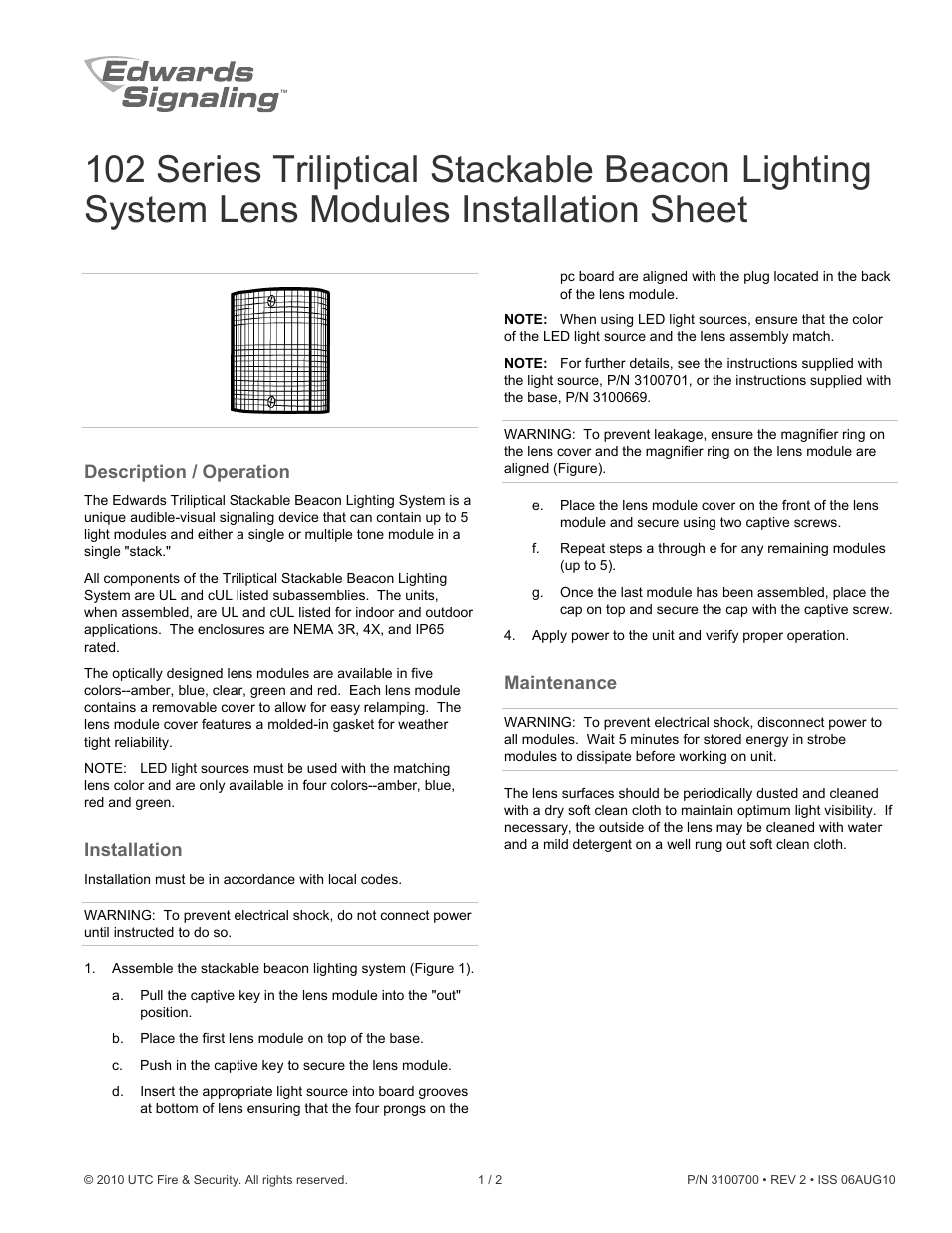 Edwards Signaling 102 Lens Module User Manual | 3 pages