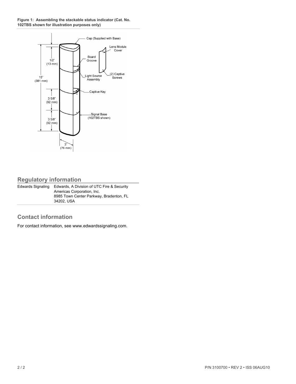 Regulatory information, Contact information | Edwards Signaling 102 Lens Module User Manual | Page 2 / 3