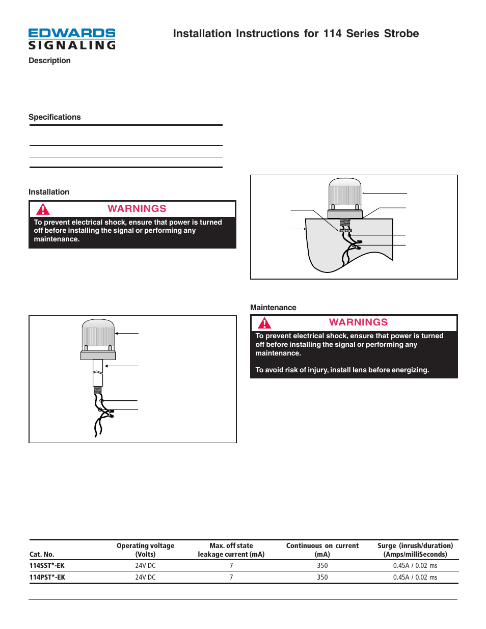 Edwards Signaling 114 Series Strobe User Manual | 1 page