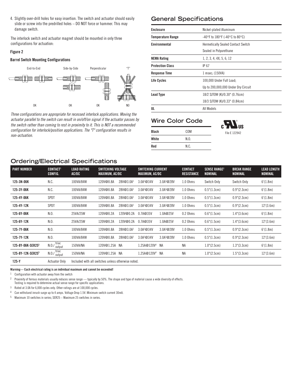 General specifications, Ordering/electrical specifications, Wire color code | Edwards Signaling 125 Series User Manual | Page 2 / 2