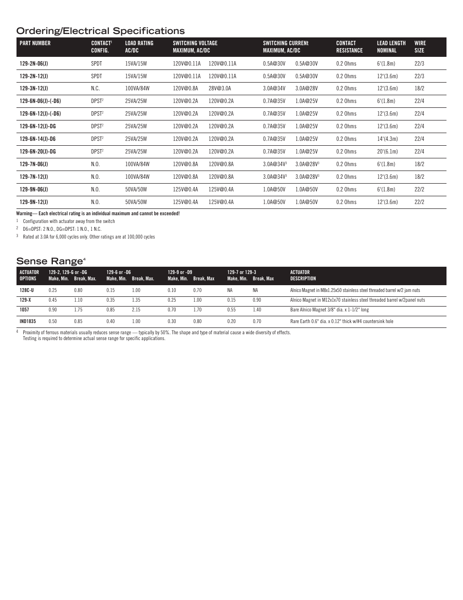 Ordering/electrical specifications, Sense range | Edwards Signaling 129 Series User Manual | Page 3 / 4