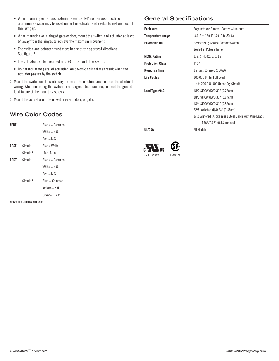 General specifications, Wire color codes | Edwards Signaling 151 Series User Manual | Page 2 / 4