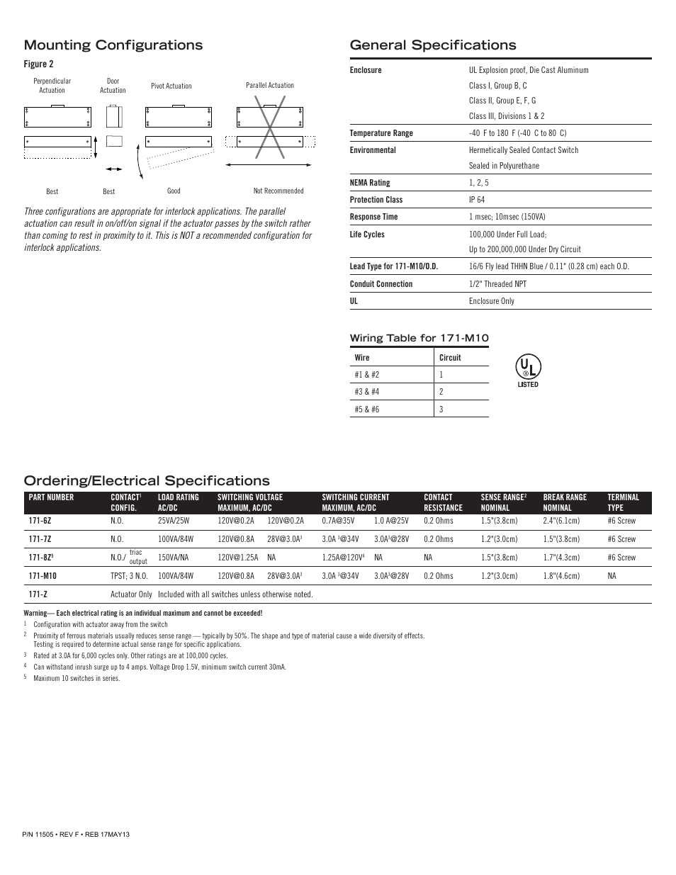 Ordering/electrical specifications, General specifications, Mounting configurations | Edwards Signaling 171 Series User Manual | Page 2 / 2