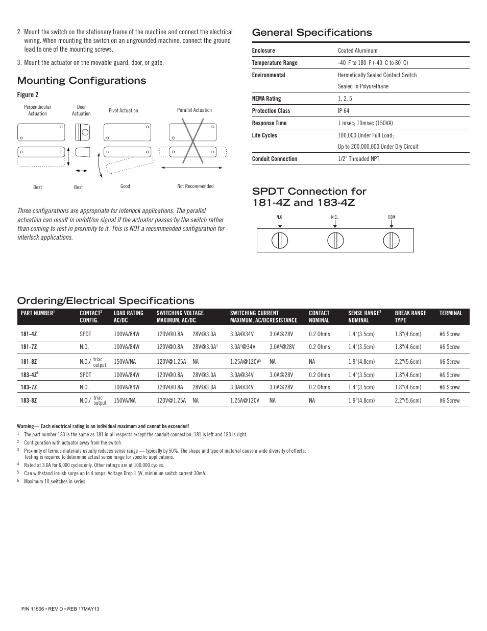 Ordering/electrical specifications, General specifications, Mounting configurations | Edwards Signaling 181 Series User Manual | Page 2 / 2