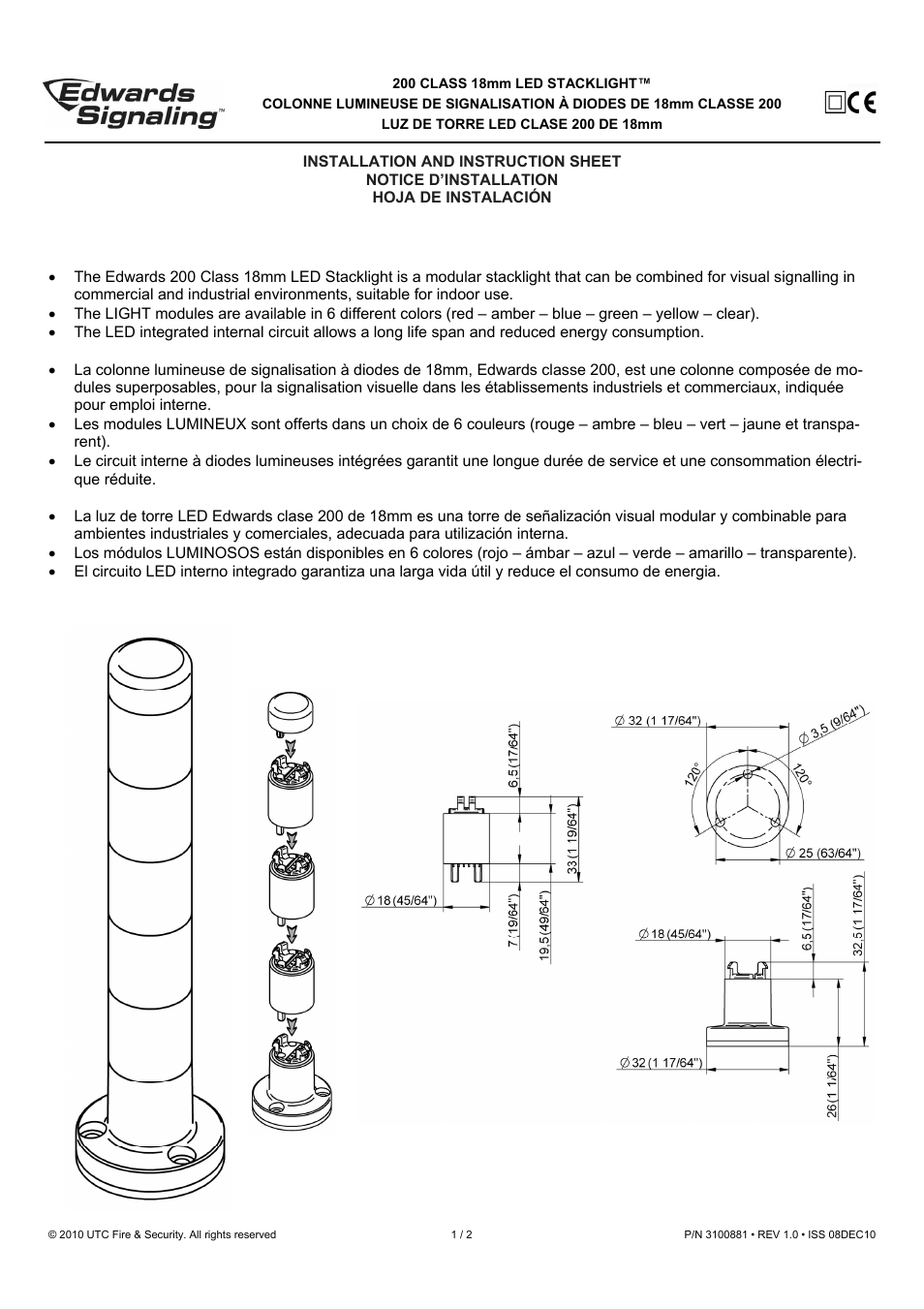 Edwards Signaling 200 Class 18mm Stackable Beacon User Manual | 2 pages